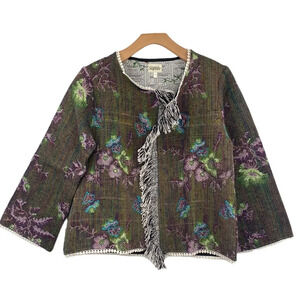Vintage Signals Tapestry Jacket Womens XL Green Purple Floral Embroidered Fringe